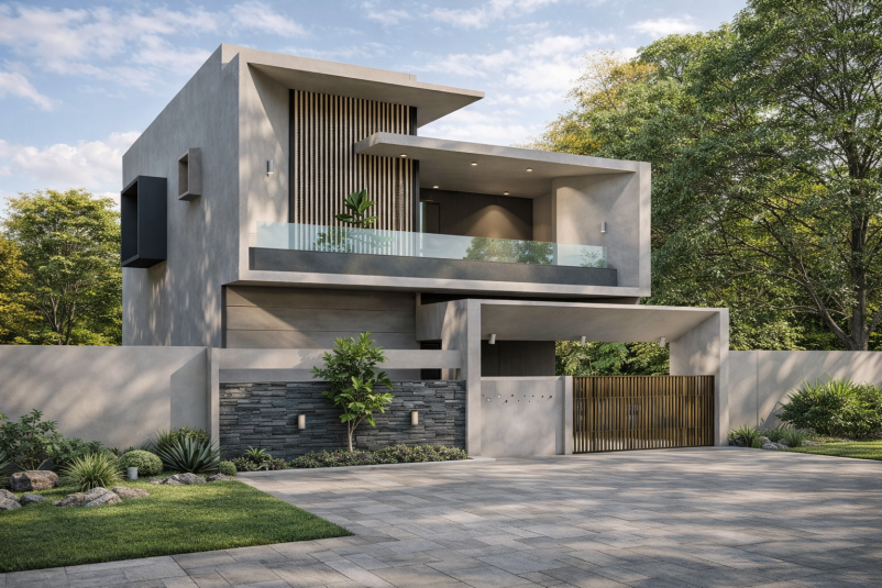 Modern concrete home with a landscaped entrance