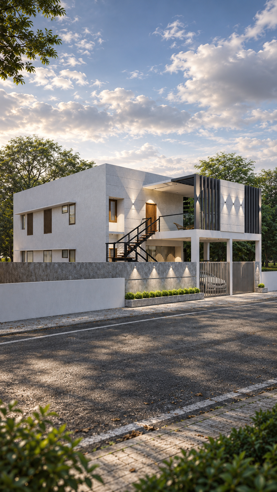 Contemporary white residence with exterior lighting