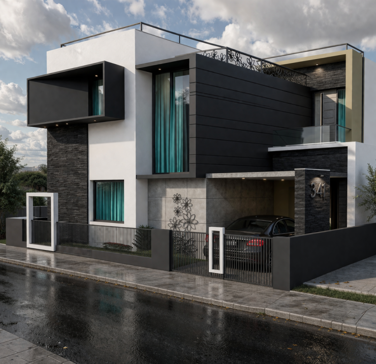 Modern black and white residence with a gated entrance